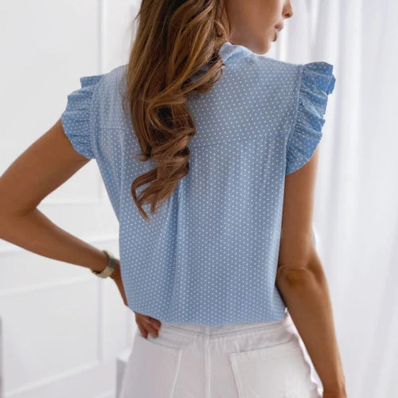 Sommerbluse mit Polka-Dots & Schleife – Elegante ärmellose Rüschen-Tunika
